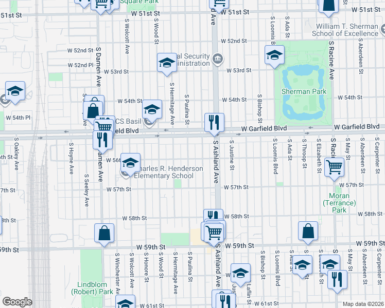 map of restaurants, bars, coffee shops, grocery stores, and more near 5518 South Marshfield Avenue in Chicago