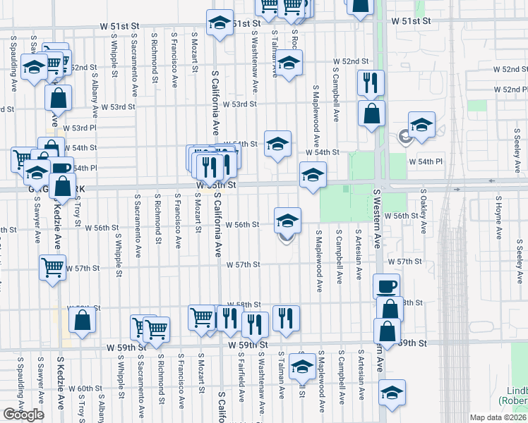 map of restaurants, bars, coffee shops, grocery stores, and more near 5524 South Washtenaw Avenue in Chicago