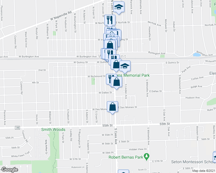 map of restaurants, bars, coffee shops, grocery stores, and more near 115 South Lincoln Street in Westmont