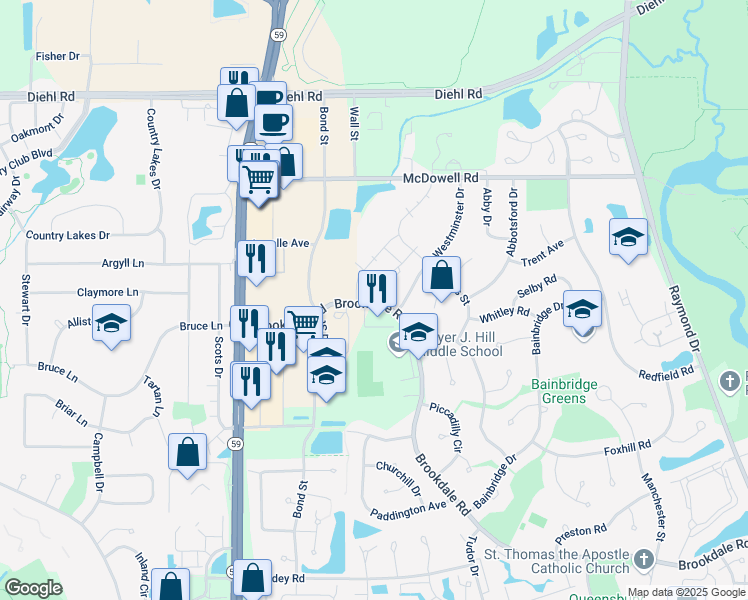 map of restaurants, bars, coffee shops, grocery stores, and more near Spice Run Drive in Naperville