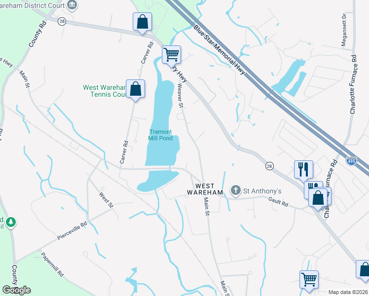 map of restaurants, bars, coffee shops, grocery stores, and more near 26 Weaver Street in Wareham