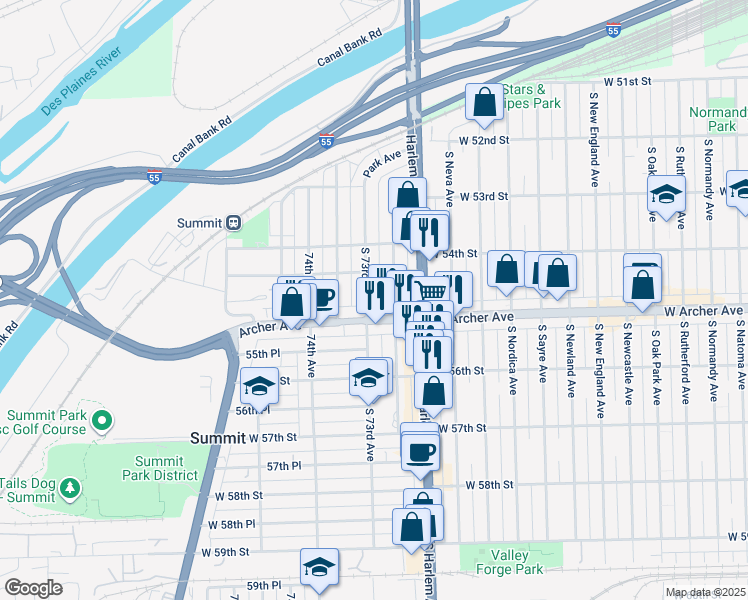 map of restaurants, bars, coffee shops, grocery stores, and more near 5432 South 73rd Avenue in Summit