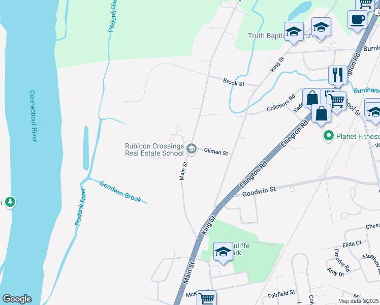 map of restaurants, bars, coffee shops, grocery stores, and more near 1893 Main Street in Hartford