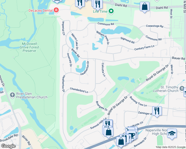 map of restaurants, bars, coffee shops, grocery stores, and more near 1456 Briergate Drive in Naperville