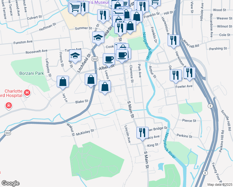 map of restaurants, bars, coffee shops, grocery stores, and more near 58 Brooker Street in Torrington