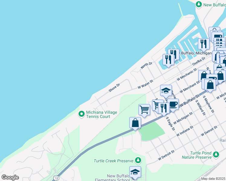 map of restaurants, bars, coffee shops, grocery stores, and more near 1205 Shore Drive in New Buffalo