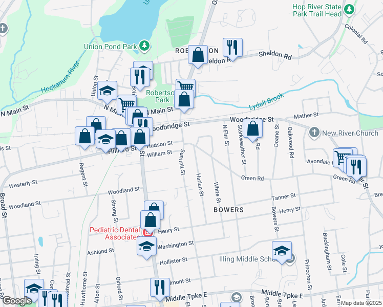 map of restaurants, bars, coffee shops, grocery stores, and more near 12 Green Road in Manchester