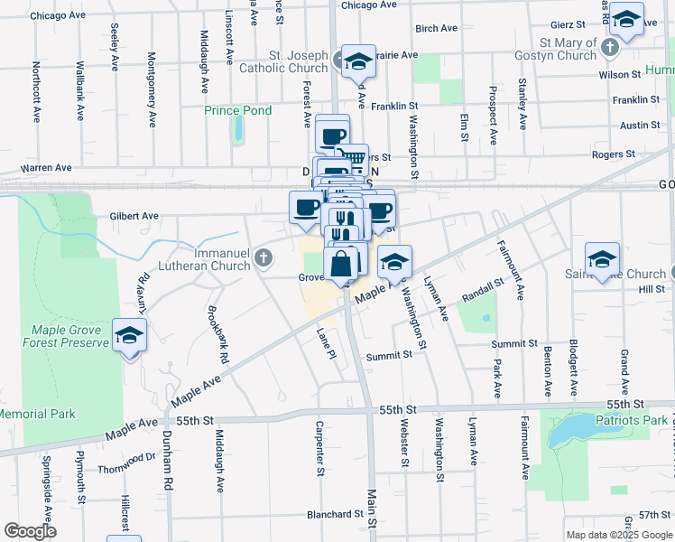 map of restaurants, bars, coffee shops, grocery stores, and more near in Downers Grove