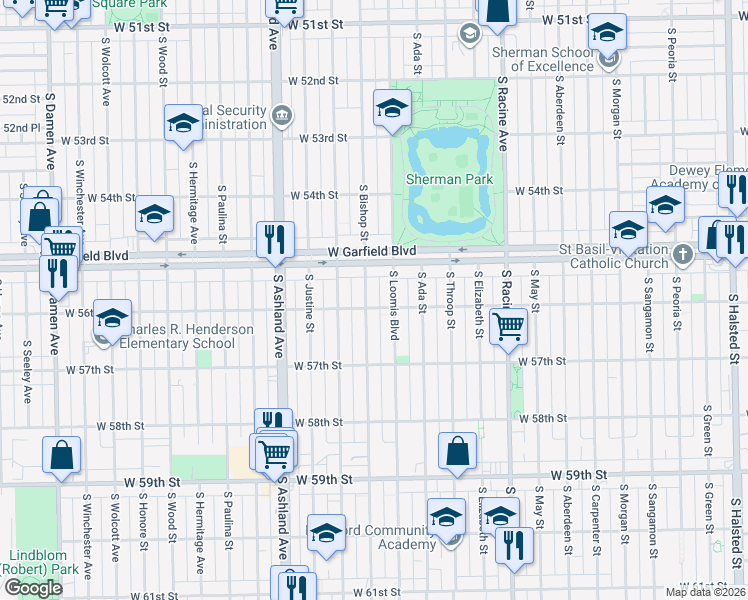 map of restaurants, bars, coffee shops, grocery stores, and more near 5522 South Loomis Boulevard in Chicago