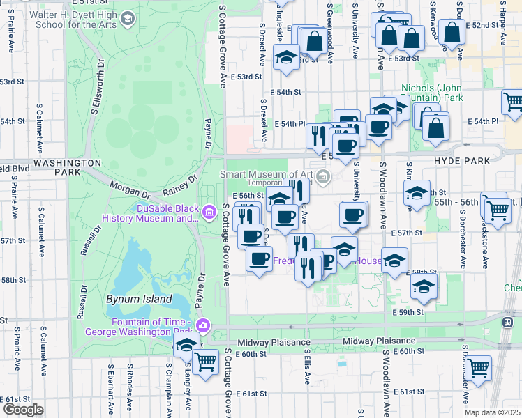 map of restaurants, bars, coffee shops, grocery stores, and more near 5610 South Drexel Avenue in Chicago