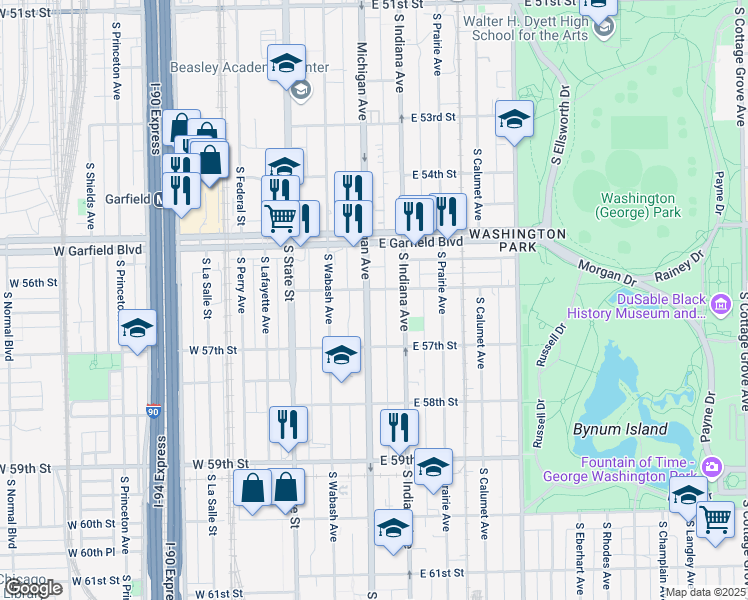 map of restaurants, bars, coffee shops, grocery stores, and more near 5609 South Michigan Avenue in Chicago