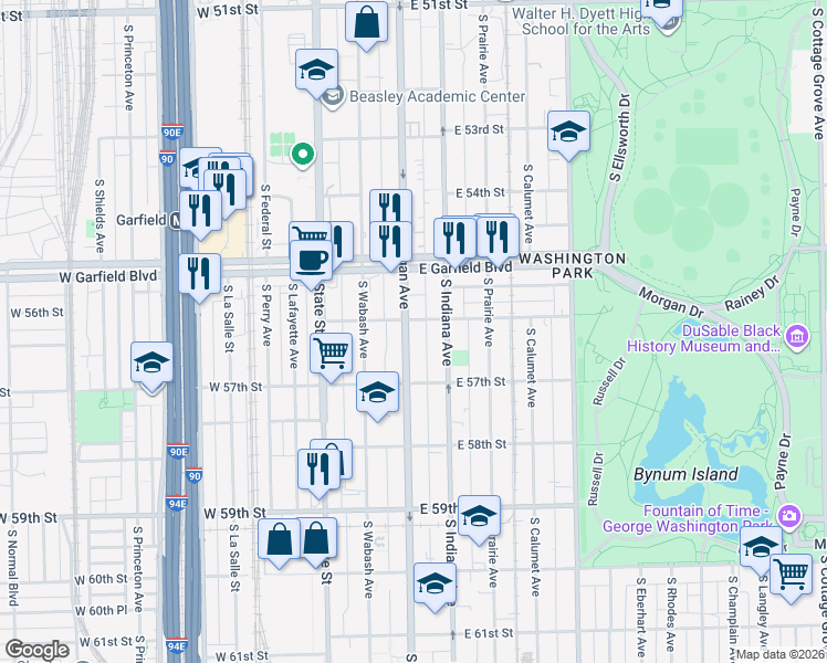 map of restaurants, bars, coffee shops, grocery stores, and more near 5609 South Michigan Avenue in Chicago
