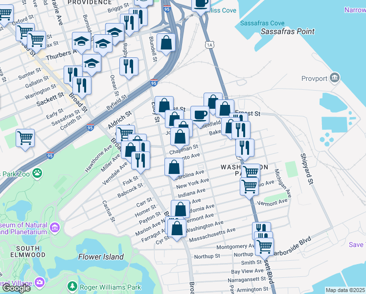 map of restaurants, bars, coffee shops, grocery stores, and more near 17 Virginia Avenue in Providence