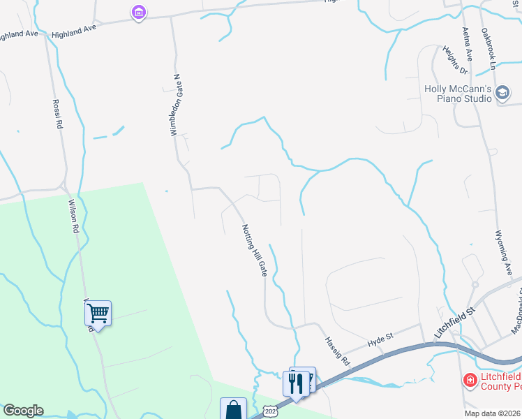 map of restaurants, bars, coffee shops, grocery stores, and more near 21 Gate Post Lane in Torrington