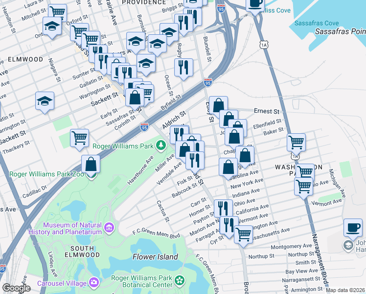 map of restaurants, bars, coffee shops, grocery stores, and more near 234 Baker Street in Providence