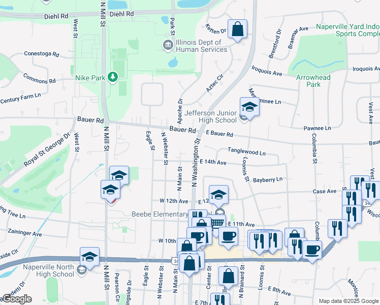 map of restaurants, bars, coffee shops, grocery stores, and more near 1433 North Main Street in Naperville