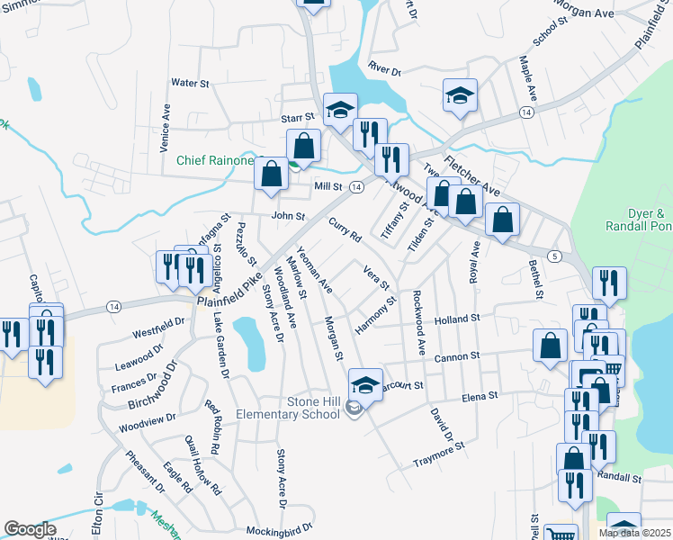 map of restaurants, bars, coffee shops, grocery stores, and more near 16 Colony Street in Cranston