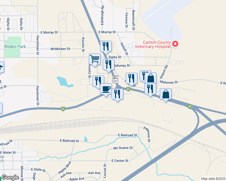 map of restaurants, bars, coffee shops, grocery stores, and more near 2385 East Cedar Street in Rawlins