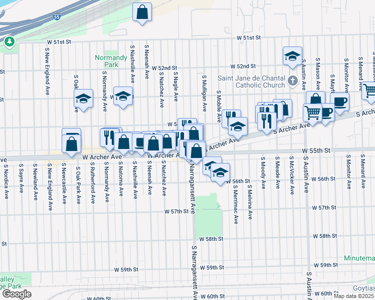 map of restaurants, bars, coffee shops, grocery stores, and more near 5445 South Narragansett Avenue in Chicago