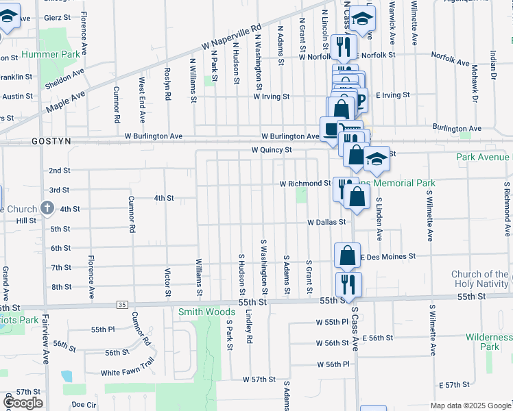 map of restaurants, bars, coffee shops, grocery stores, and more near 116 South Washington Street in Westmont