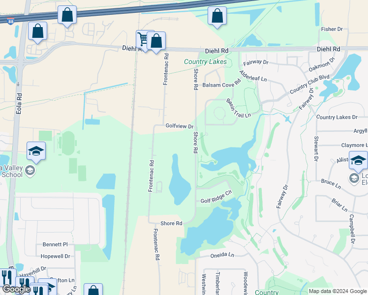 map of restaurants, bars, coffee shops, grocery stores, and more near 1350 Shore Road in Naperville