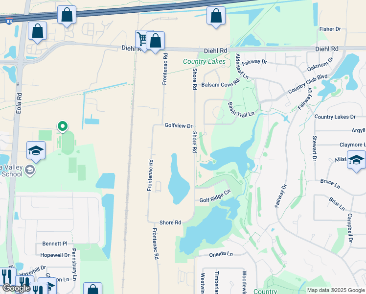 map of restaurants, bars, coffee shops, grocery stores, and more near 1350 Shore Road in Naperville