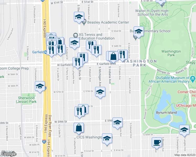 map of restaurants, bars, coffee shops, grocery stores, and more near 5606 South Michigan Avenue in Chicago