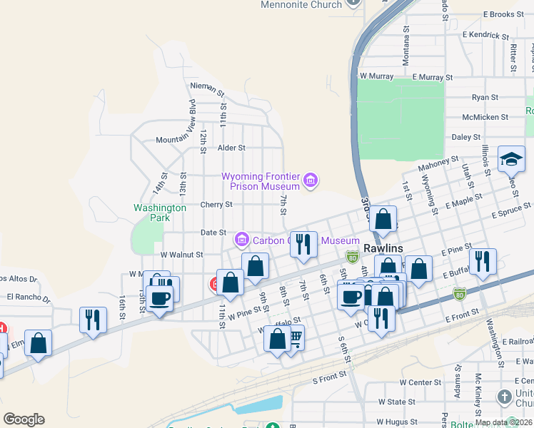 map of restaurants, bars, coffee shops, grocery stores, and more near 909 8th Street in Rawlins