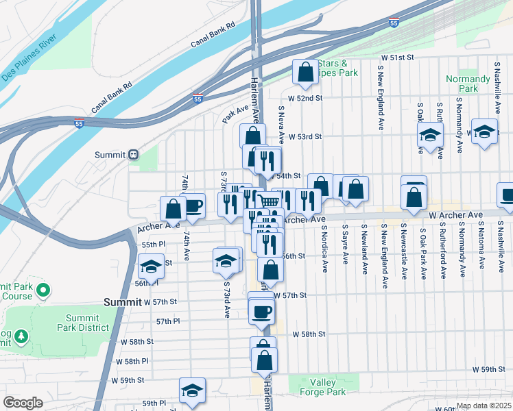 map of restaurants, bars, coffee shops, grocery stores, and more near 5437 South 72nd Court in Summit