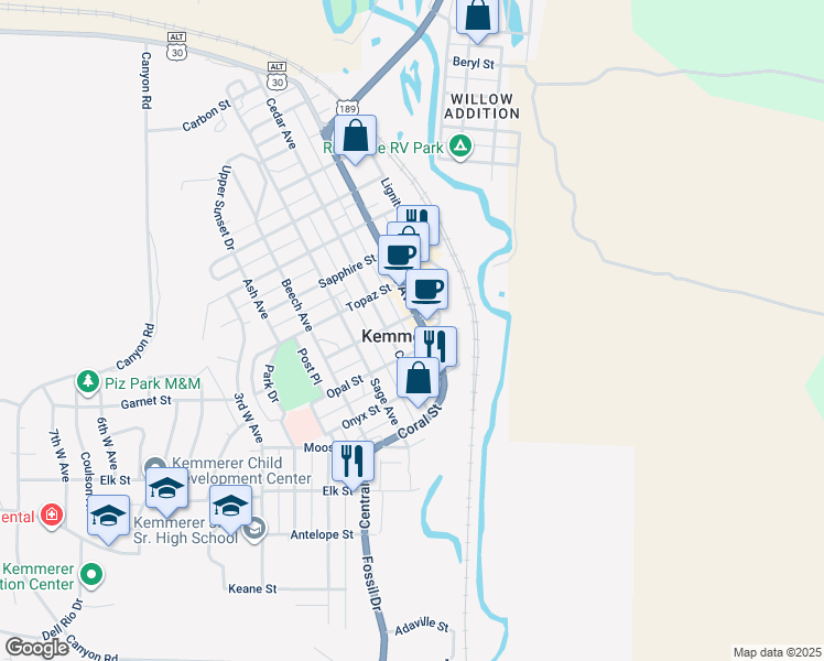 map of restaurants, bars, coffee shops, grocery stores, and more near in Kemmerer