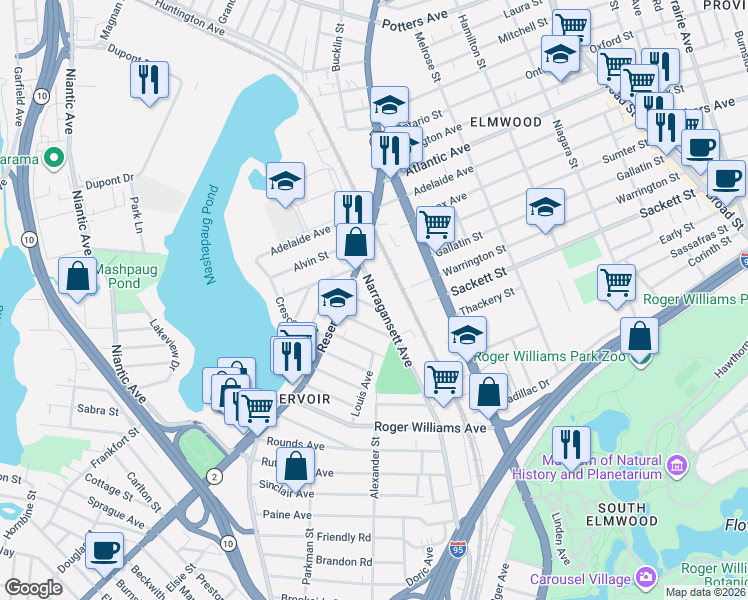 map of restaurants, bars, coffee shops, grocery stores, and more near 114 Reservoir Avenue in Providence