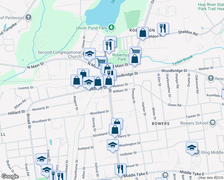 map of restaurants, bars, coffee shops, grocery stores, and more near 18 Main Street in Manchester