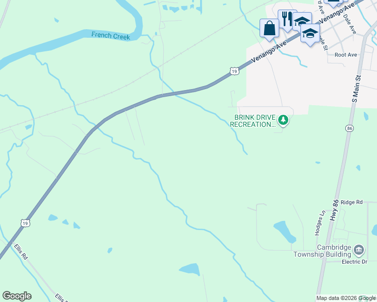 map of restaurants, bars, coffee shops, grocery stores, and more near in Cambridge Springs