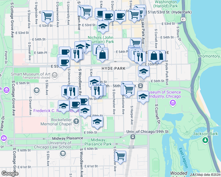map of restaurants, bars, coffee shops, grocery stores, and more near 1357 East 56th Street in Chicago
