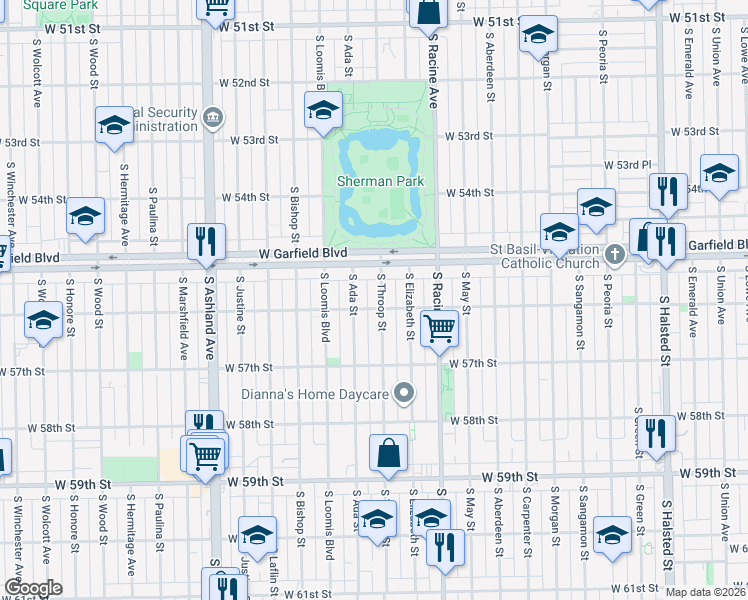 map of restaurants, bars, coffee shops, grocery stores, and more near 5523 South Throop Street in Chicago