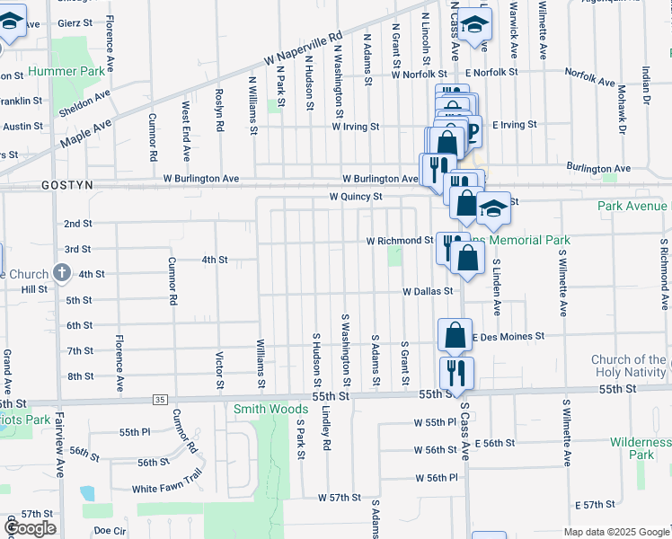 map of restaurants, bars, coffee shops, grocery stores, and more near 116 South Washington Street in Westmont