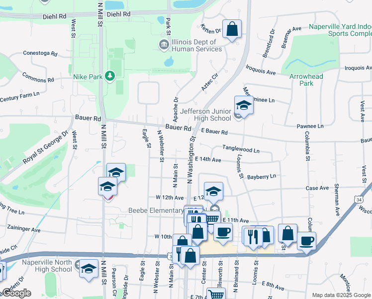 map of restaurants, bars, coffee shops, grocery stores, and more near 1433 North Main Street in Naperville