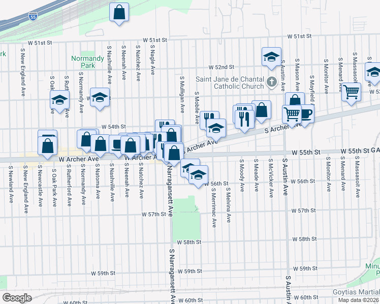 map of restaurants, bars, coffee shops, grocery stores, and more near 6435 South Archer Avenue in Chicago