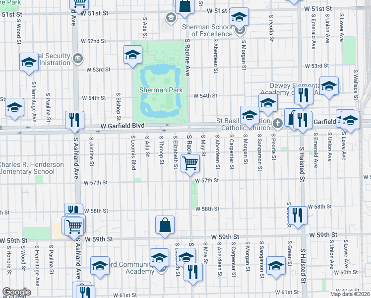 map of restaurants, bars, coffee shops, grocery stores, and more near 5529 South Elizabeth Street in Chicago