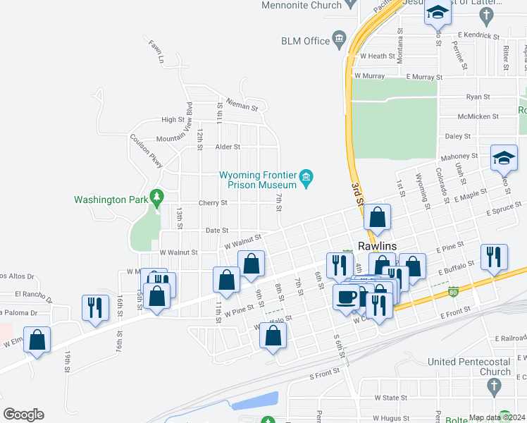 map of restaurants, bars, coffee shops, grocery stores, and more near 823 8th Street in Rawlins