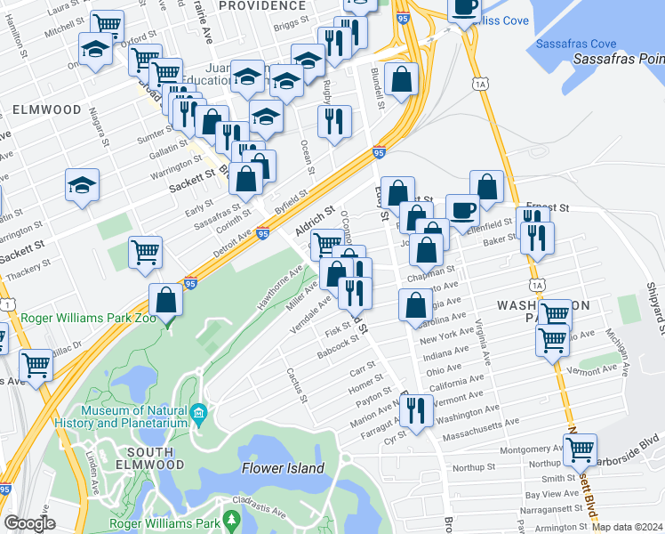 map of restaurants, bars, coffee shops, grocery stores, and more near 236 Baker Street in Providence