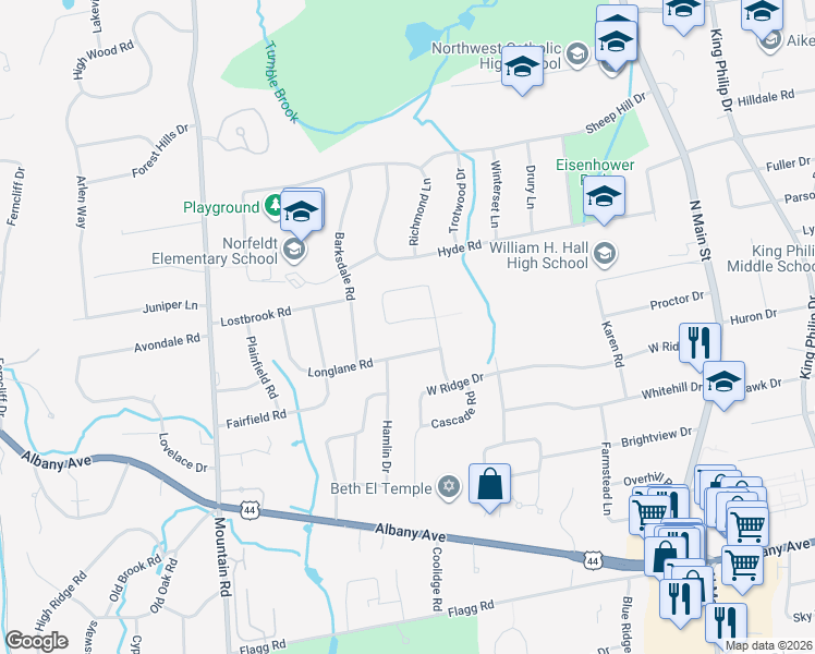 map of restaurants, bars, coffee shops, grocery stores, and more near 85 Hartwell Road in West Hartford