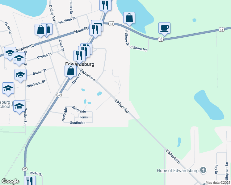 map of restaurants, bars, coffee shops, grocery stores, and more near 69251 Meadowview Drive in Edwardsburg