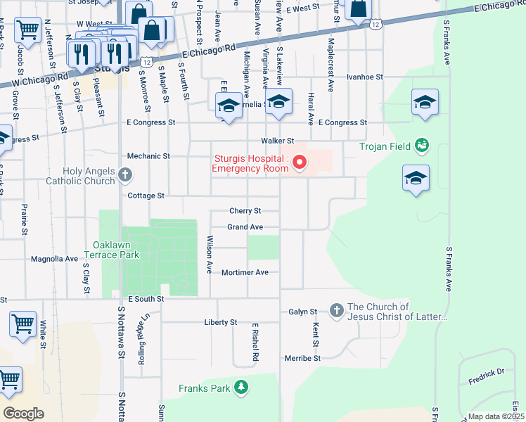 map of restaurants, bars, coffee shops, grocery stores, and more near 606 Cherry Street in Sturgis