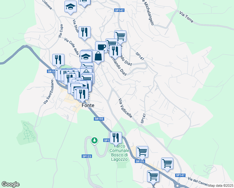 map of restaurants, bars, coffee shops, grocery stores, and more near 30 Strada Comunale Vallicelle in Fiuggi