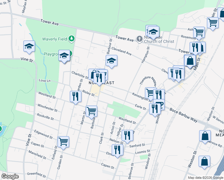 map of restaurants, bars, coffee shops, grocery stores, and more near 142 Kensington Street in Hartford