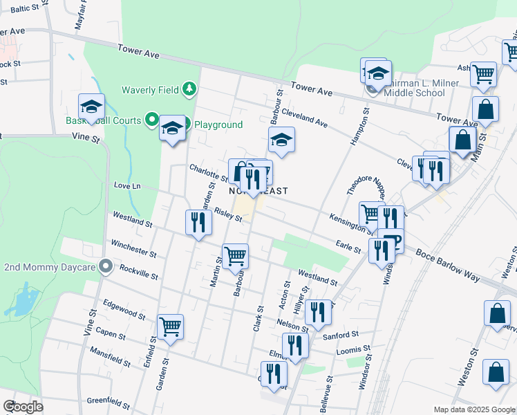 map of restaurants, bars, coffee shops, grocery stores, and more near in Hartford