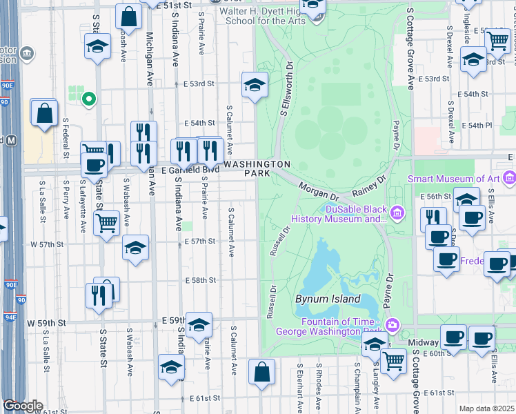 map of restaurants, bars, coffee shops, grocery stores, and more near 362 East 56th Street in Chicago