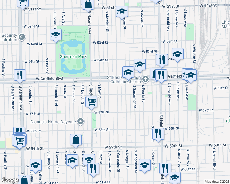 map of restaurants, bars, coffee shops, grocery stores, and more near 5527 South Carpenter Street in Chicago