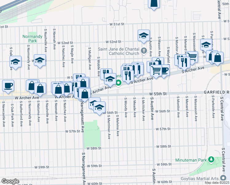 map of restaurants, bars, coffee shops, grocery stores, and more near 6255 South Archer Avenue in Chicago